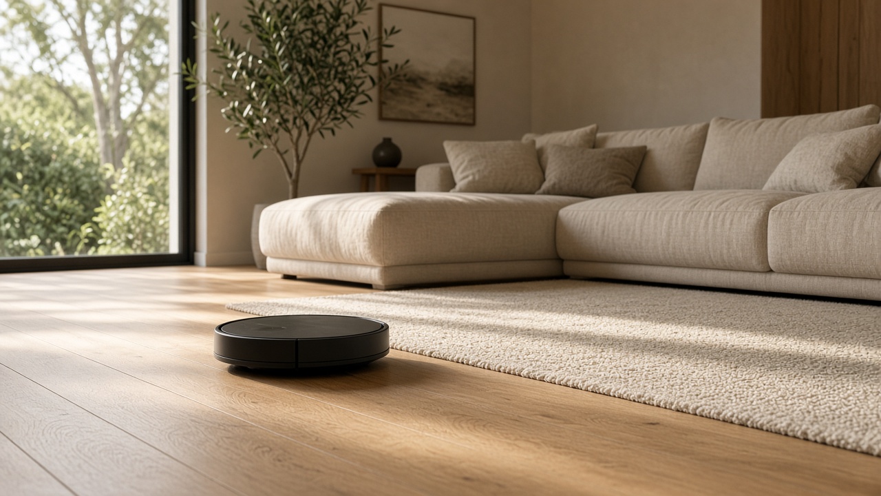 A robot vacuum in a sunlit living room.