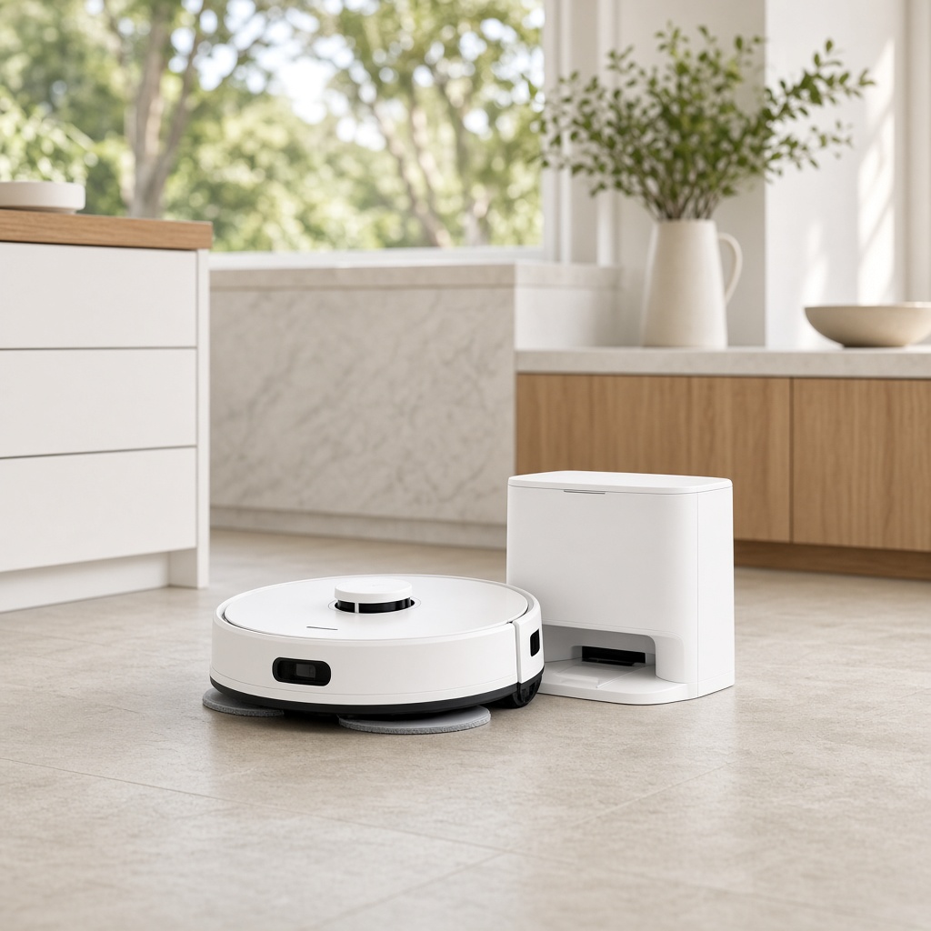 Dreame X50 Ultra in white beside its dock on a stone floor.