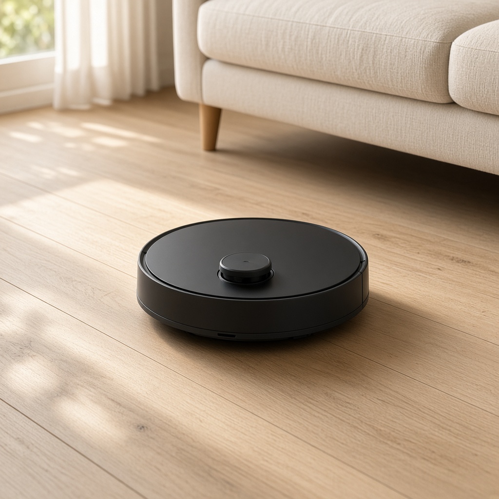 Roborock Saros Z70 on oak flooring in a sunlit living room.