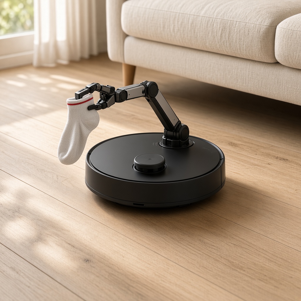 Roborock Saros Z70 with its mechanical arm holding a sock.