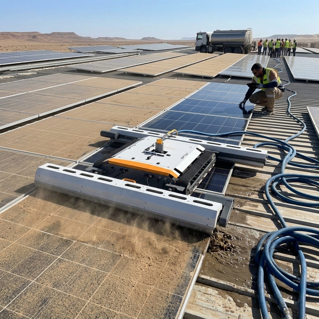 Solar panel cleaning robot brushing an array.